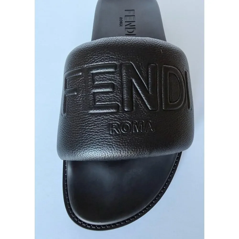 Fendi Men's Roma Leather Slide Sandals Black 9 US/8 UK IT 7X1649 NIB $750